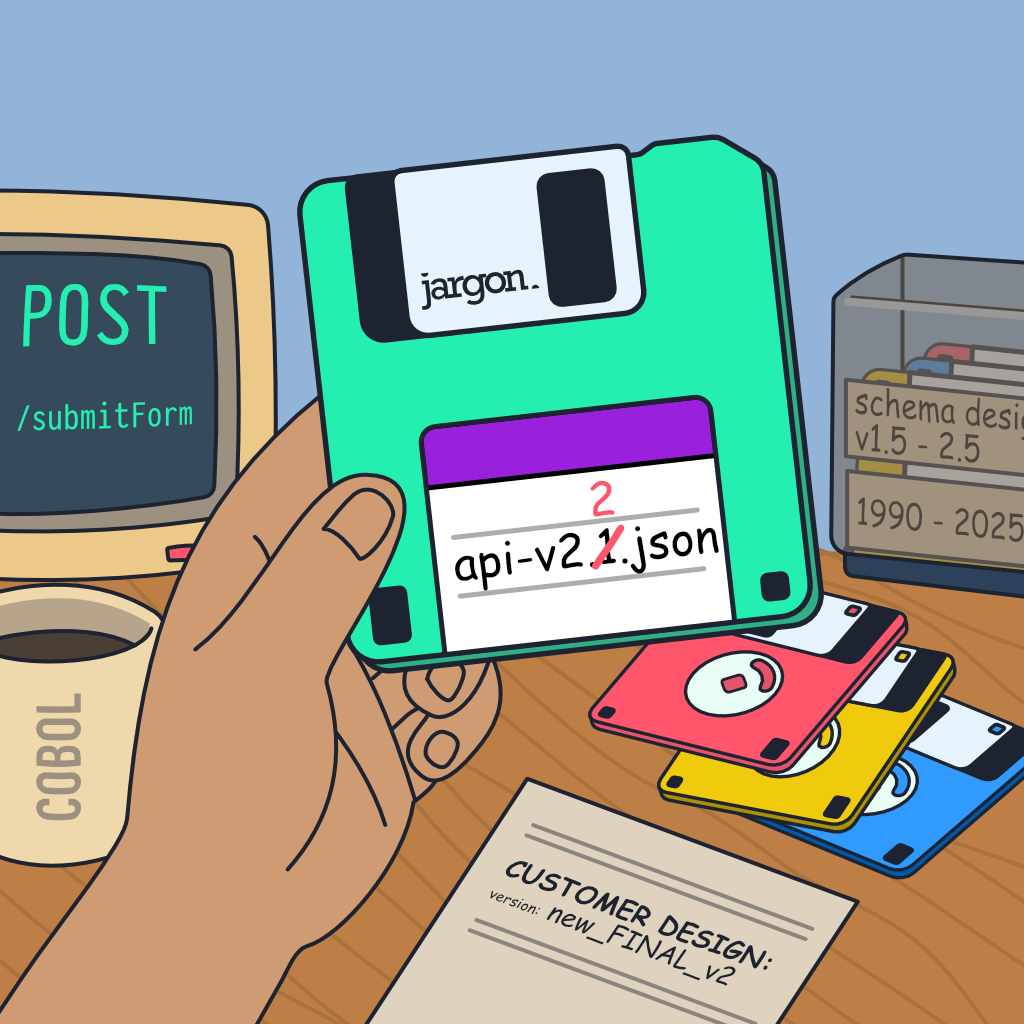 Hand holding a floppy disk labeled "api-v2.1.json" in front of a retro computer screen showing "POST /submitForm", with old schema disks and a note marked "new_FINAL_v2" scattered on the desk